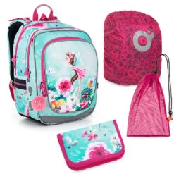 Großes Schülerset Topgal ENDY 22002 G - Schulrucksack + Federmäppchen + Schuhbeutel + Regenhülle